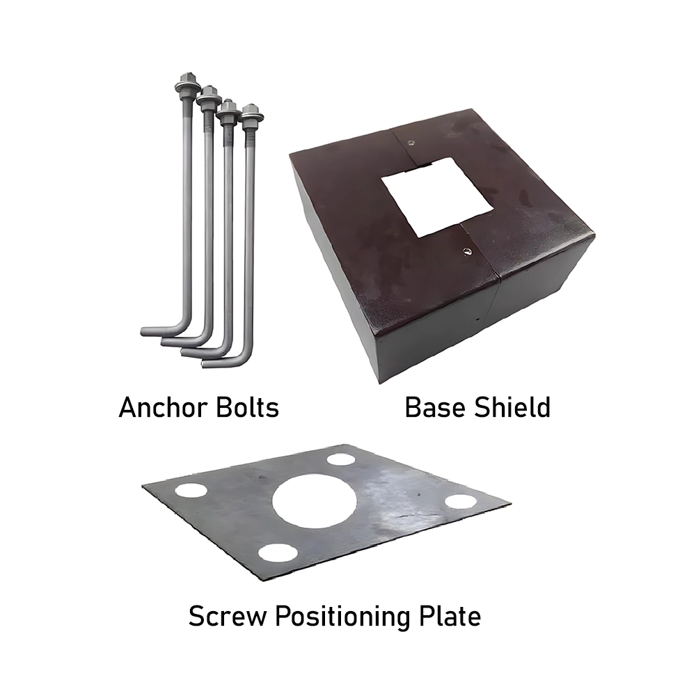 Base Cover for 4" Wide Square Light Pole, 20" x 4" Anchor Bolts (x4), Screw Positioning Plate